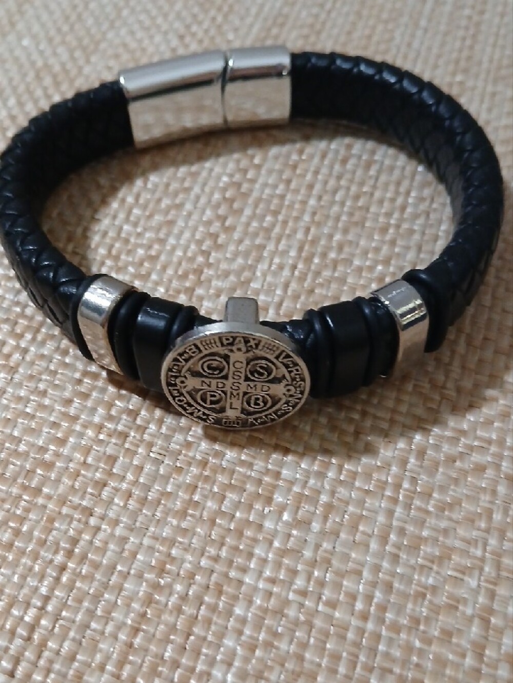 NWOT Black Braided Leather Men's Bracelet with Silver Coin Accent